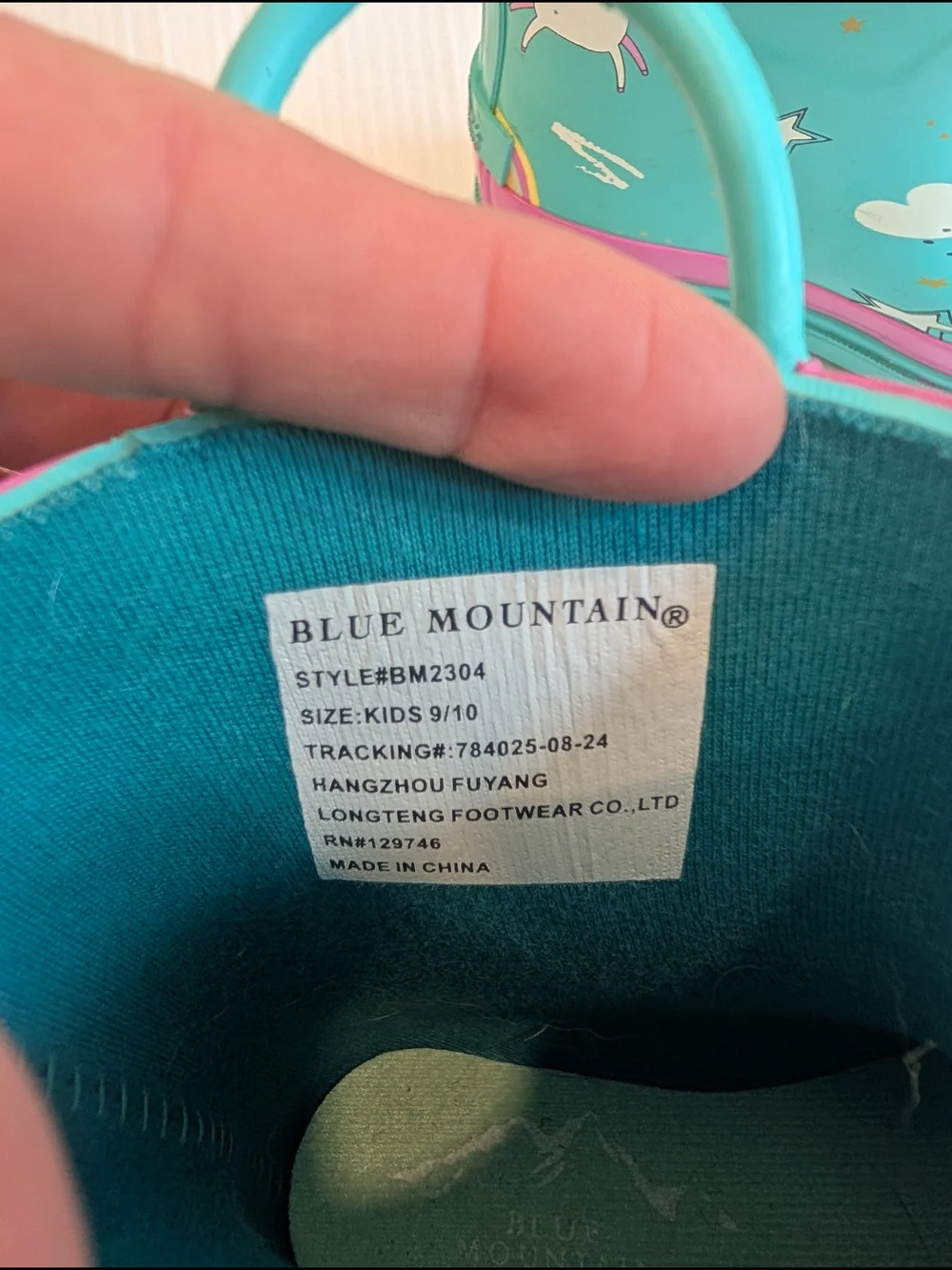 BLUE MOUNTAIN Kids Teal Unicorn Rain Boots with Pink Trim Size 9/10